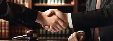 a handshake in the office of an attorney with legal books