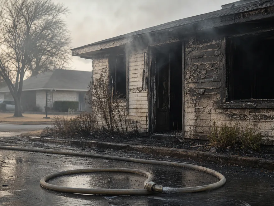 Soot-blackened exterior and scorched window frames of a suburban Texas house after a structure fire, fire hose coiled on wet pavement