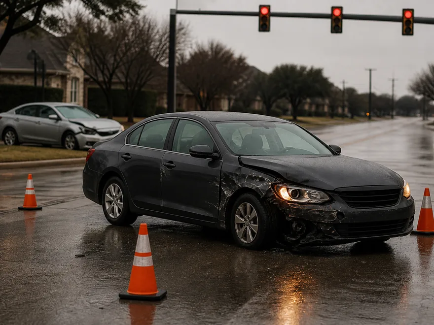 Damaged car angled across a wet suburban Arlington intersection after a collision, traffic cones placed around it
