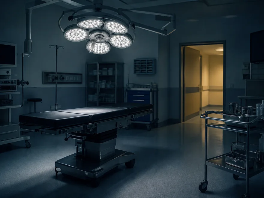 Empty hospital operating room after hours with a vacant surgical table beneath dimmed overhead surgical lights
