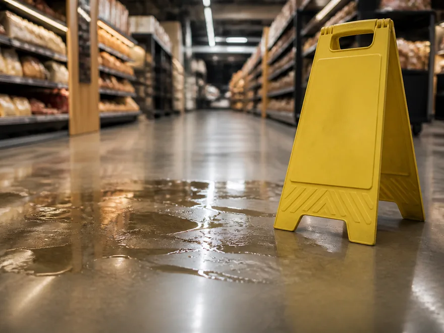 Yellow caution sign standing beside a spreading liquid spill on a polished store floor between grocery aisles