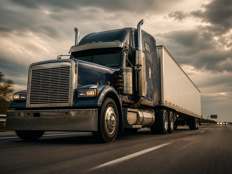 Loaded 18-wheeler semi truck photographed from a low angle on a Fort Worth interstate under an overcast sky