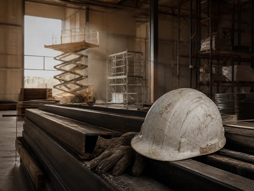 Worn white hard hat and heavy work gloves resting on stacked steel beams inside a Tarrant County warehouse work zone