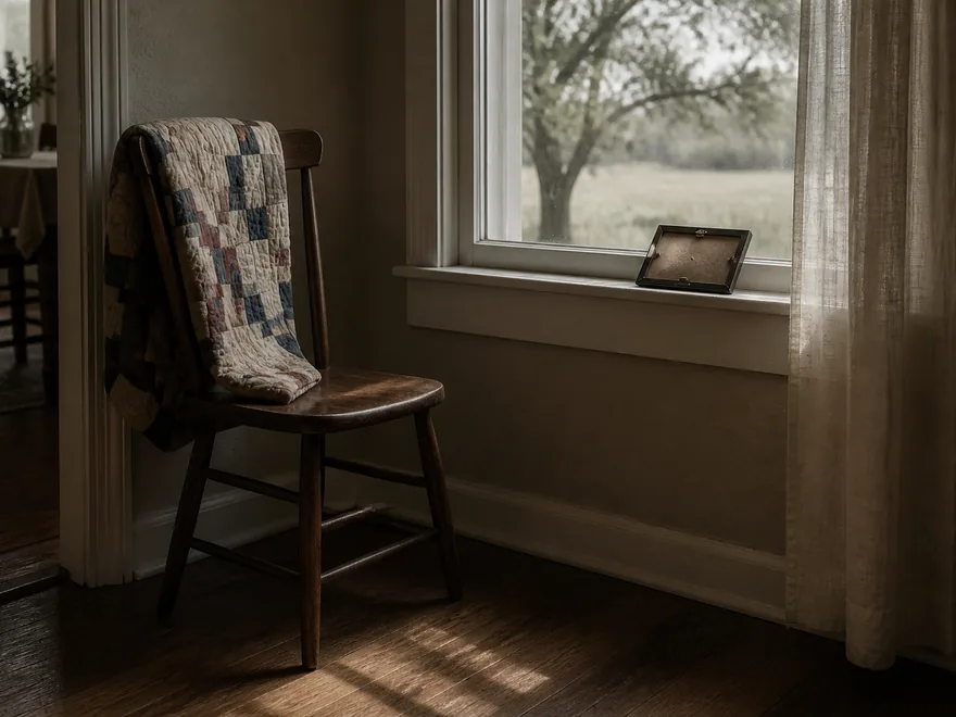 Empty wooden chair with a folded quilt beside a sunlit window in a quiet North Texas family home